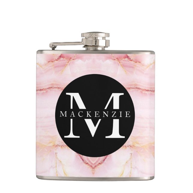 Girly Cute Rose Gold Monogram Name Hip Flask (Front)