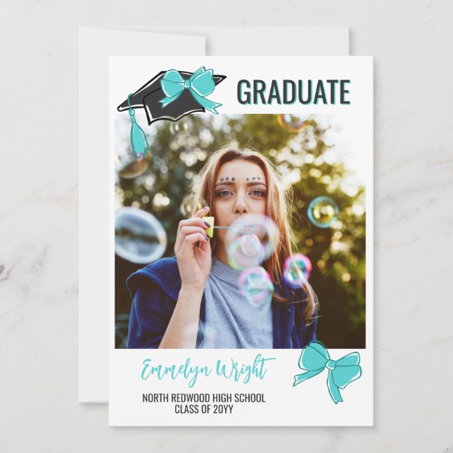 Girly Cute Turquoise Bows Photos Graduation Announcement (Front)