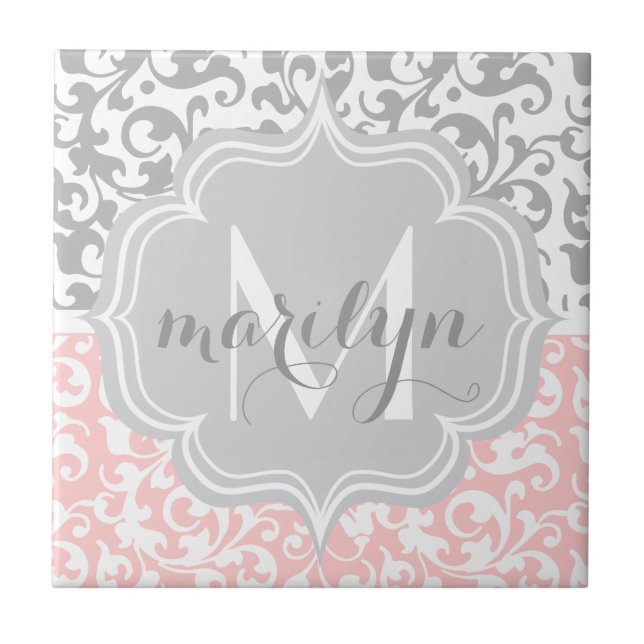 Girly Damask Swirls Pink and Grey Monogrammed Ceramic Tile (Front)