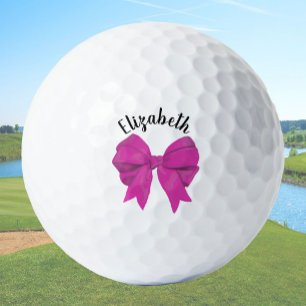 Girly Dark Pink Bow Lady Golfer Custom Name Golf Balls