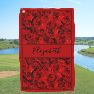 Girly Dark Red Roses Print custom name ladies Golf Towel