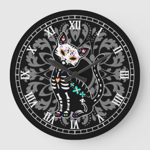 Girly Day of the Dead cute cat and grey damask Large Clock