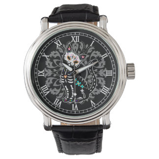 Girly Day of the Dead cute cat and grey damask Watch