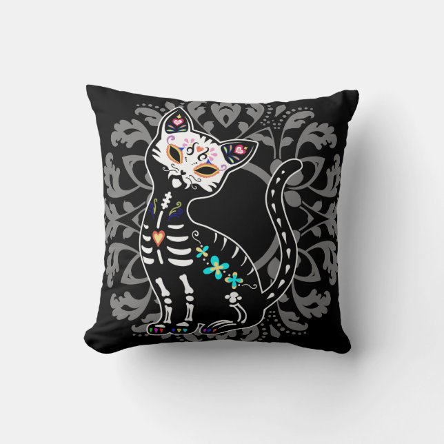 Girly Day of the Dead cute cat custom personalised Cushion (Front)