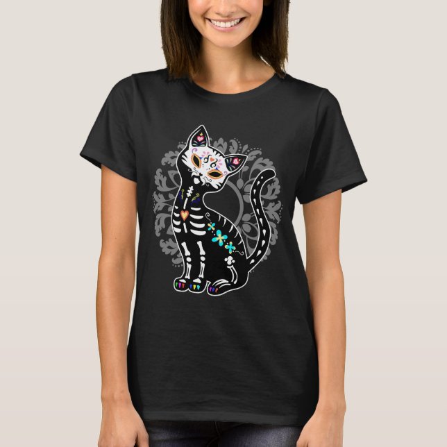 Girly Day of the Dead cute cat custom personalised T-Shirt (Front)