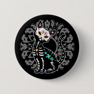 Girly Day of the Dead cute skeleton cat custom 6 Cm Round Badge