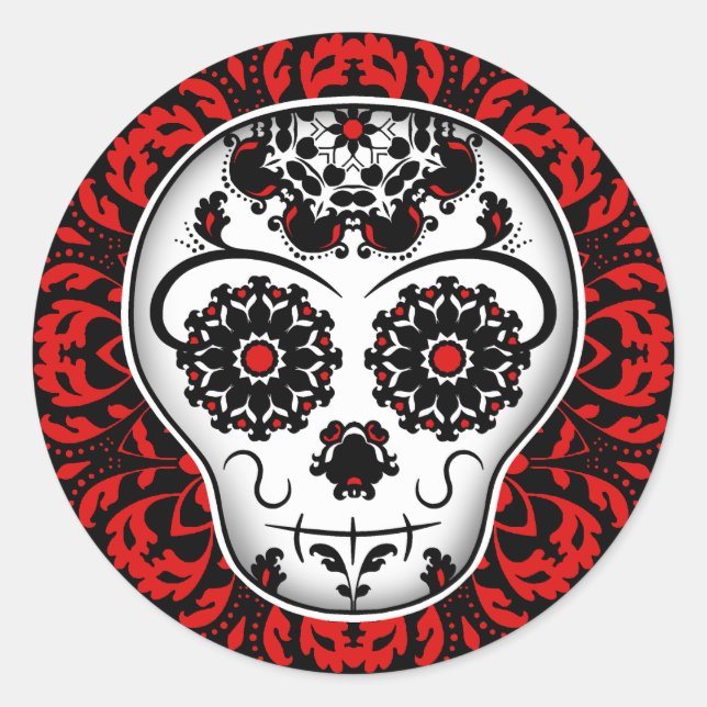 Girly day of the dead sugar skull red and black classic round sticker (Front)
