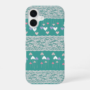 Girly decorated heart pattern with lace Turquoise iPhone 16 Case
