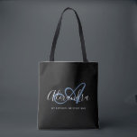 Girly Denim Blue Elegant Script Name Monogram Tote Bag<br><div class="desc">Personalise your beautiful monogrammed trendy black Grocery Tote Bag! The text below may be personalised to your preferred sentence or even your full name; you can also delete it if you prefer. If you need help, please let us know at belytaliarecipes@gmail.com, and we will be glad to assist you. ©...</div>