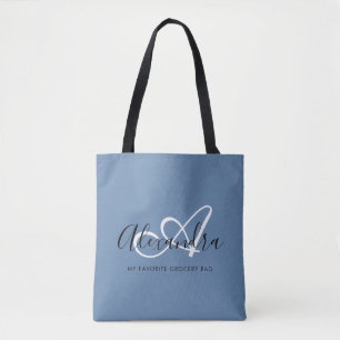 Girly Denim Blue Trendy Elegant Script Monogram Tote Bag