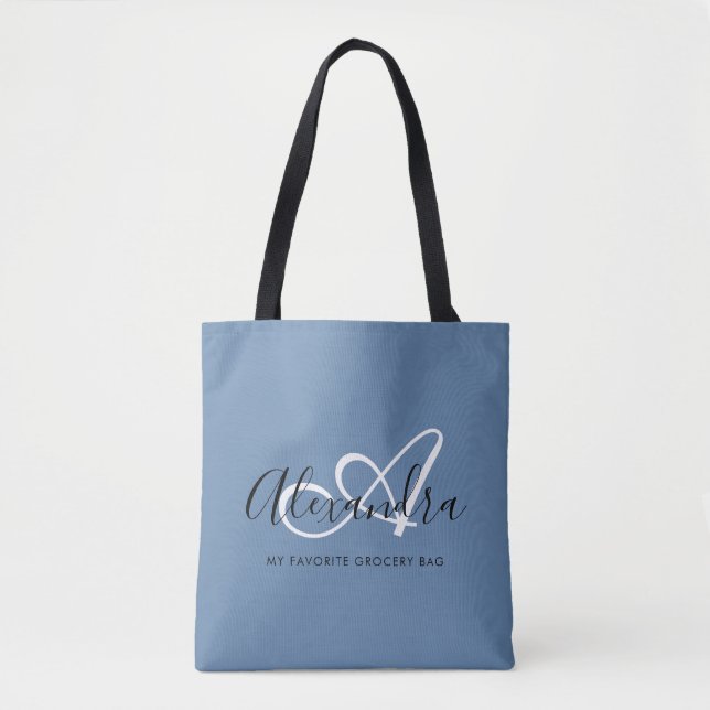 Girly Denim Blue Trendy Elegant Script Monogram Tote Bag (Front)