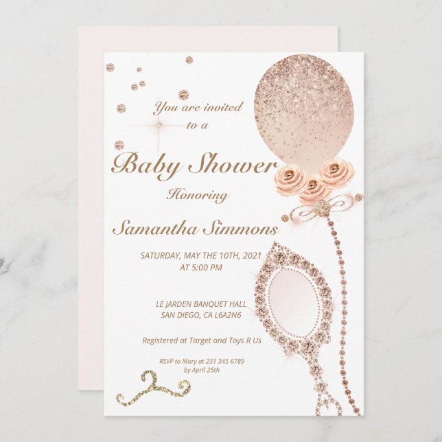 Girly Diamond Rose Gold Glitter Balloon Baby Showe Invitation (Front/Back)