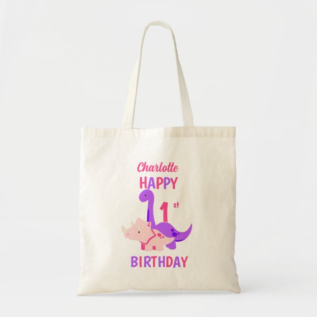 Girly Dinosaur 1st Birthday Pink  Tote Bag (Front)
