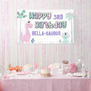 Girly Dinosaur A-Roar-able Any Age Happy Birthday Banner