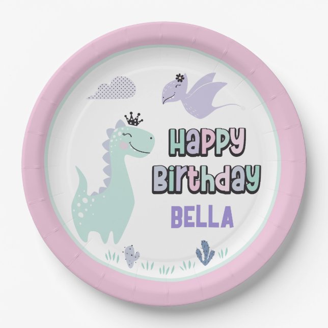 Girly Dinosaur A-Roar-able Happy Birthday Paper Plate (Front)