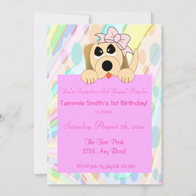Girly Dog with Bow 1st Birthday Sign Invitation (Front)