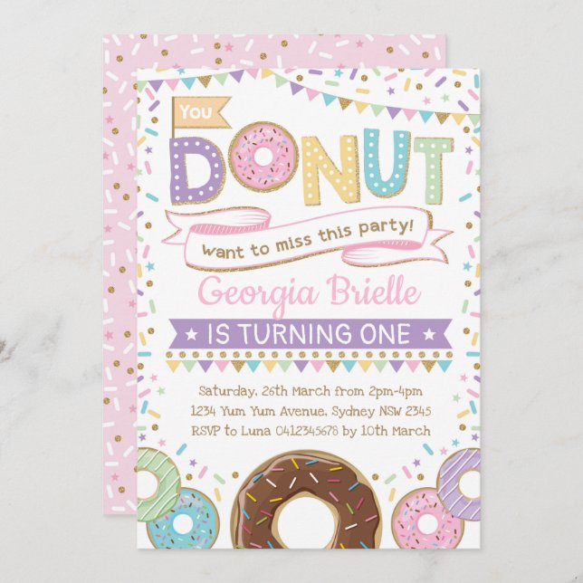 Girly Donut Invitation Doughnut Birthday Sprinkles (Front/Back)