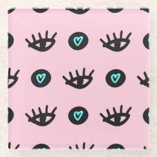 Girly Doodle: Eyes Hearts Seamless. Glass Coaster