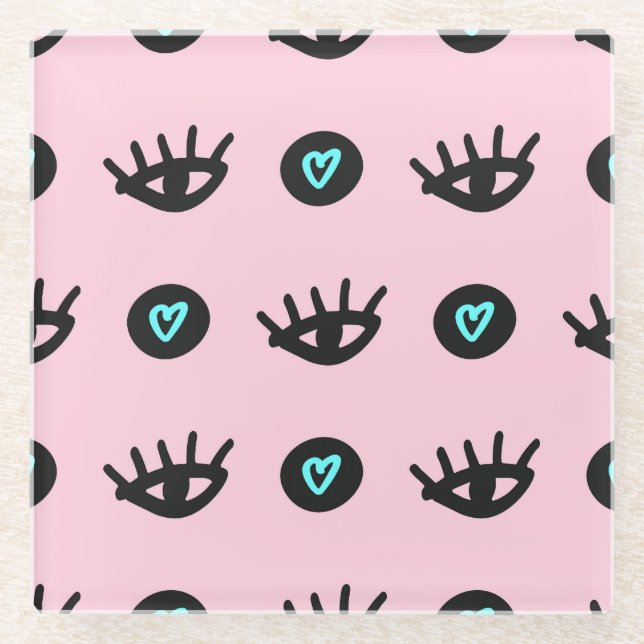 Girly Doodle: Eyes Hearts Seamless. Glass Coaster (Front)