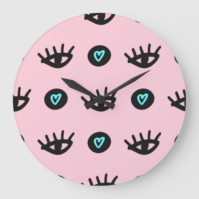 Girly Doodle: Eyes Hearts Seamless. Large Clock (Front)