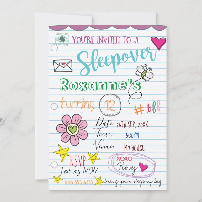 Girly Doodle Sleepover/Birthday Invitation (Front)