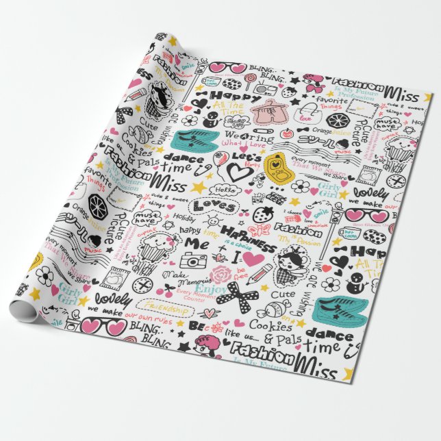Girly Doodles Wrapping Paper (Unrolled)
