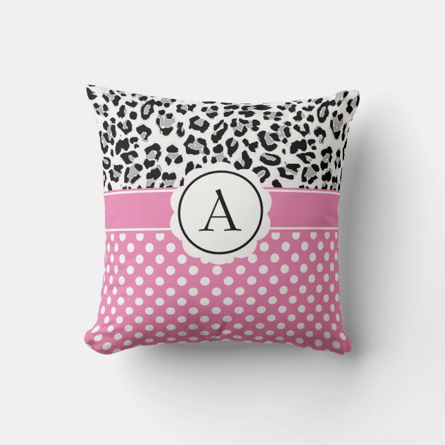 Girly dots and animals print monogram  cushion (Front)
