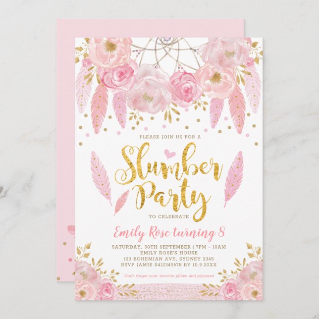 Girly Dreamcatcher Pink Gold Floral Slumber Party Invitation (Front/Back)