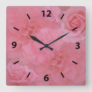 Girly Dreamy Floral Light Pink Rose Collage Square Wall Clock
