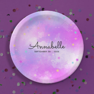 Girly Dreamy Pink Holographic Sky Stars Watercolor Paper Plate