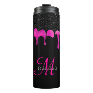 Girly Dripping Glitter Black & Hot Pink Monogram Thermal Tumbler