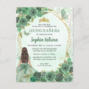 Girly Dusty Green Gold Floral Princess Quinceañera Invitation Postcard
