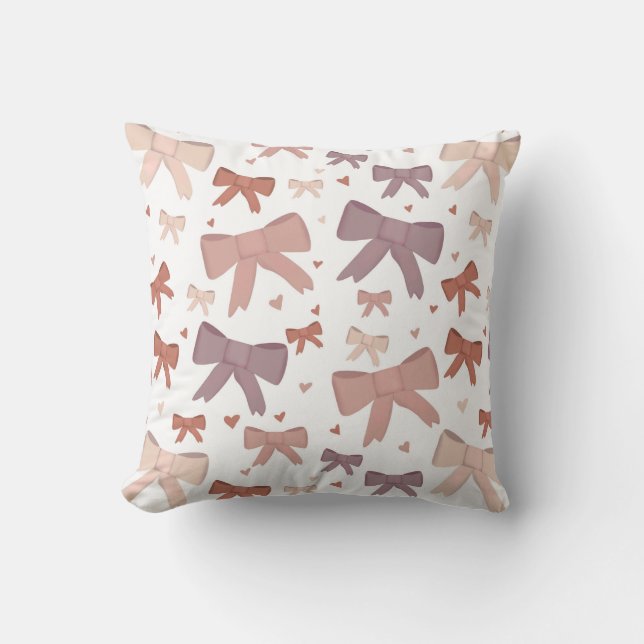 Girly Dusty Pink Bows And Little Hearts Pattern Cushion (Front)
