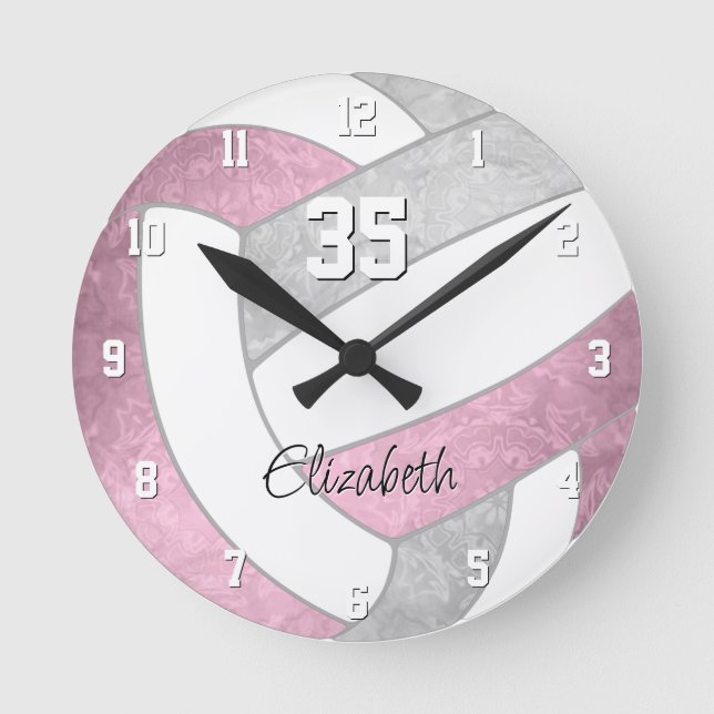 girly dusty pink grey volleyball sports room round clock (Front)