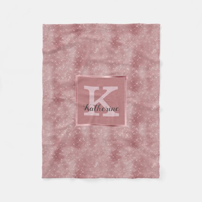 Girly Dusty Rose Gold Glam Diamond Monogram Name Fleece Blanket (Front)
