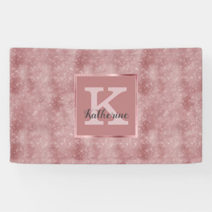 Girly Dusty Rose Gold Glam Sparkle Monogram Name Banner