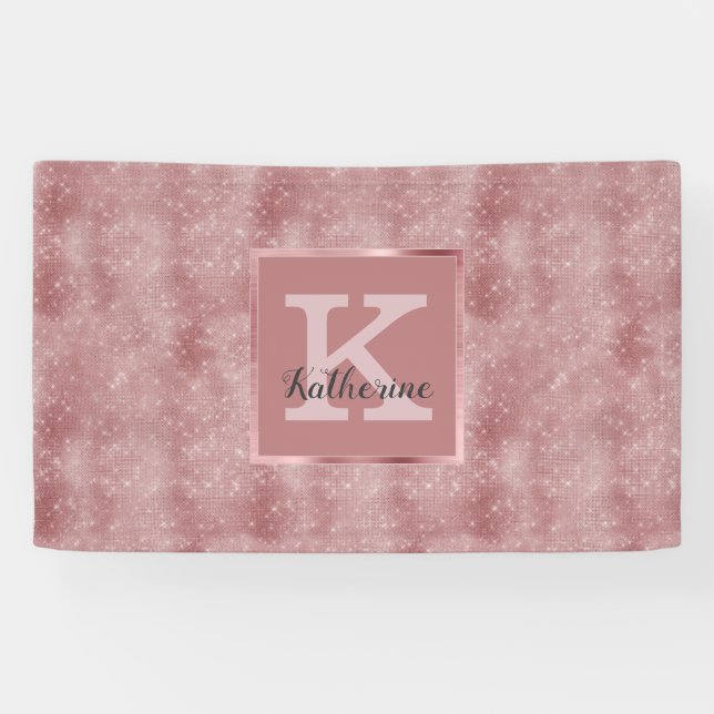 Girly Dusty Rose Gold Glam Sparkle Monogram Name Banner (Horizontal)