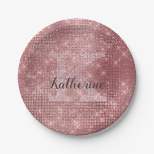 Girly Dusty Rose Gold Glam Sparkle Monogram Name Paper Plate