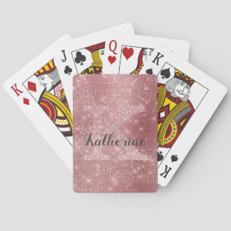 Girly Dusty Rose Gold Pink Diamond Monogram Name Playing Cards