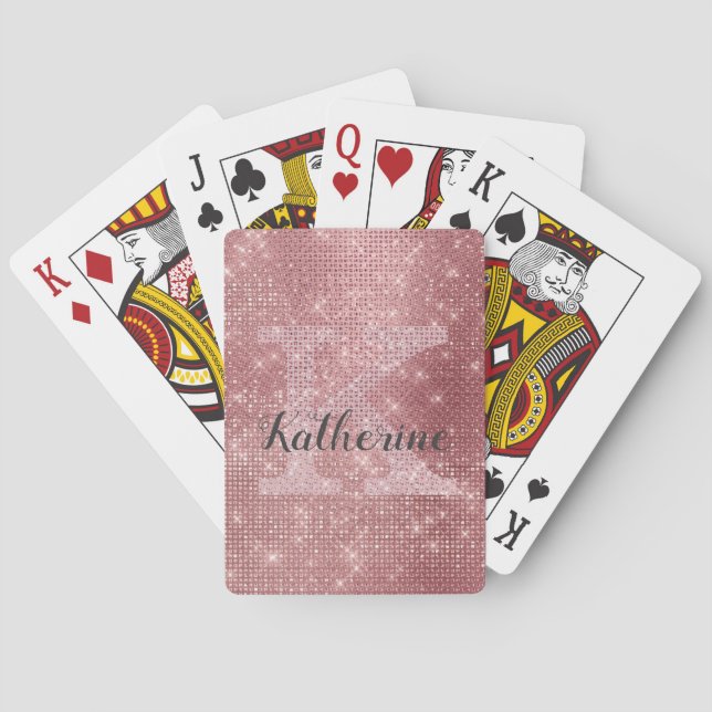 Girly Dusty Rose Gold Pink Diamond Monogram Name Playing Cards (Back)