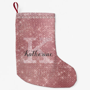 Girly Dusty Rose Gold Sparkle Fun Holiday Monogram Small Christmas Stocking