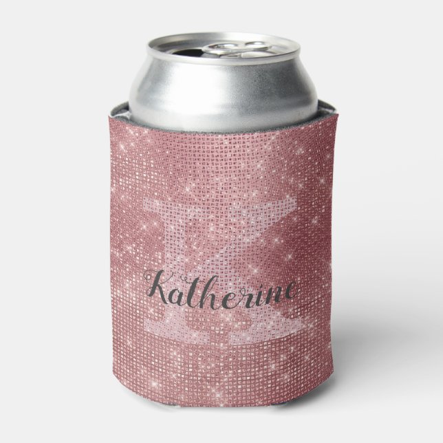 Girly Dusty Rose Gold Sparkle Glam Monogram Name Can Cooler (Can Front)