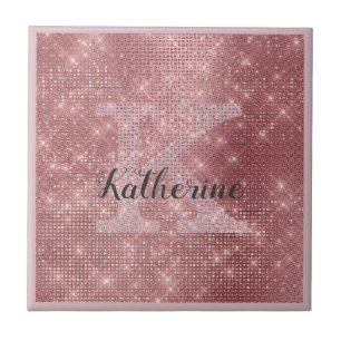 Girly Dusty Rose Gold Sparkle Glam Monogram Name Ceramic Tile