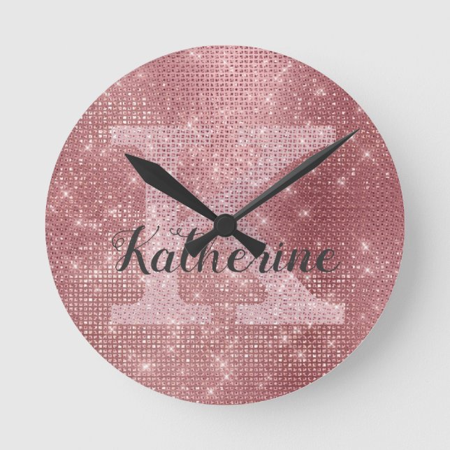 Girly Dusty Rose Gold Sparkle Glam Monogram Name Round Clock (Front)