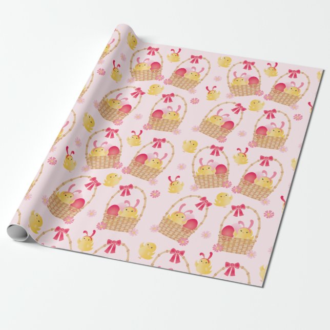 Girly Easter Basket Chicks Pink Wrapping Paper (Unrolled)