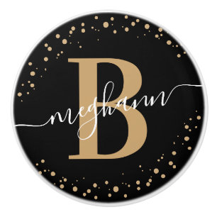 Girly Elegant Black Gold Name Monogram Script Ceramic Knob