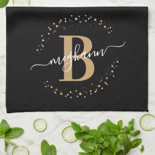 Girly Elegant Black Gold Name Monogram Script Tea Towel
