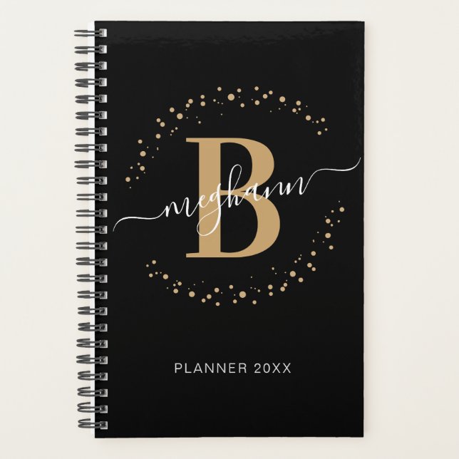 Girly Elegant Black Gold Name Monogrammed Planner (Front)
