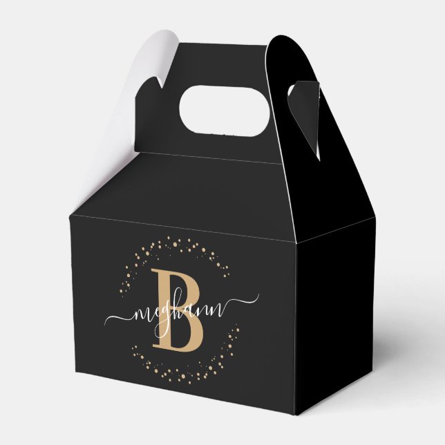 Girly Elegant Black Gold Name Monogrammed Script Favour Box (Front Side)