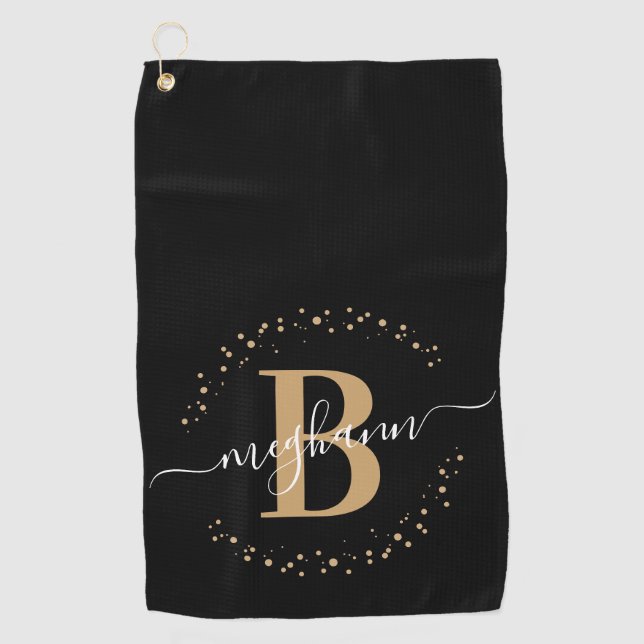 Girly Elegant Black Gold Name Monogrammed Script  Golf Towel (Front)